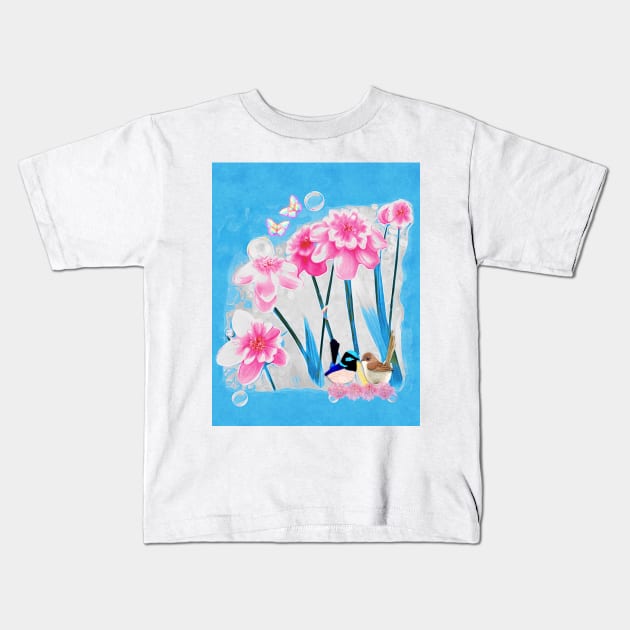 Fairy Wrens and Flowers Kids T-Shirt by KC Morcom aka KCM Gems n Bling aka KCM Inspirations